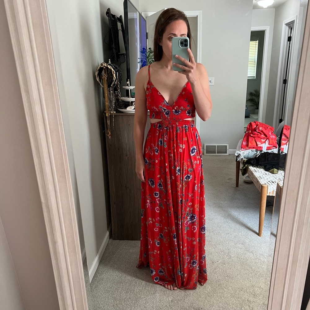 Express XS red floral print maxi dress